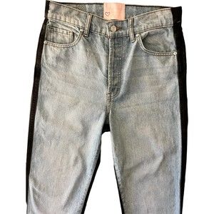 Revice Denim Colorblock High Rise Crop Jeans Button Fly Blue Front Black Back 28